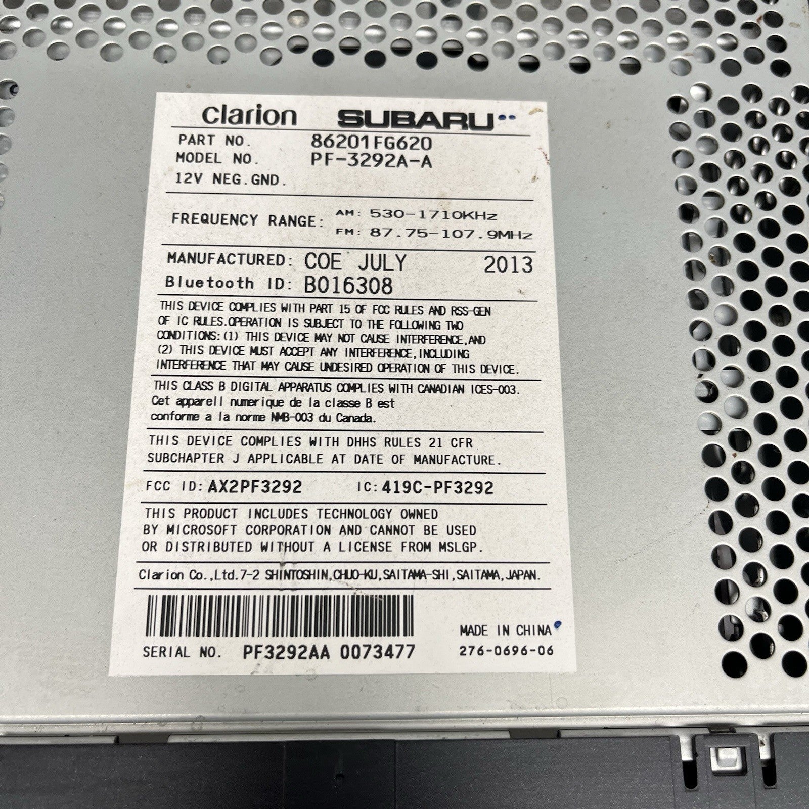 ☑️ 2011-2014 Subaru Impreza WRX AM/FM/CD/AUX/SAT Bluetooth OEM Radio 86201FG620