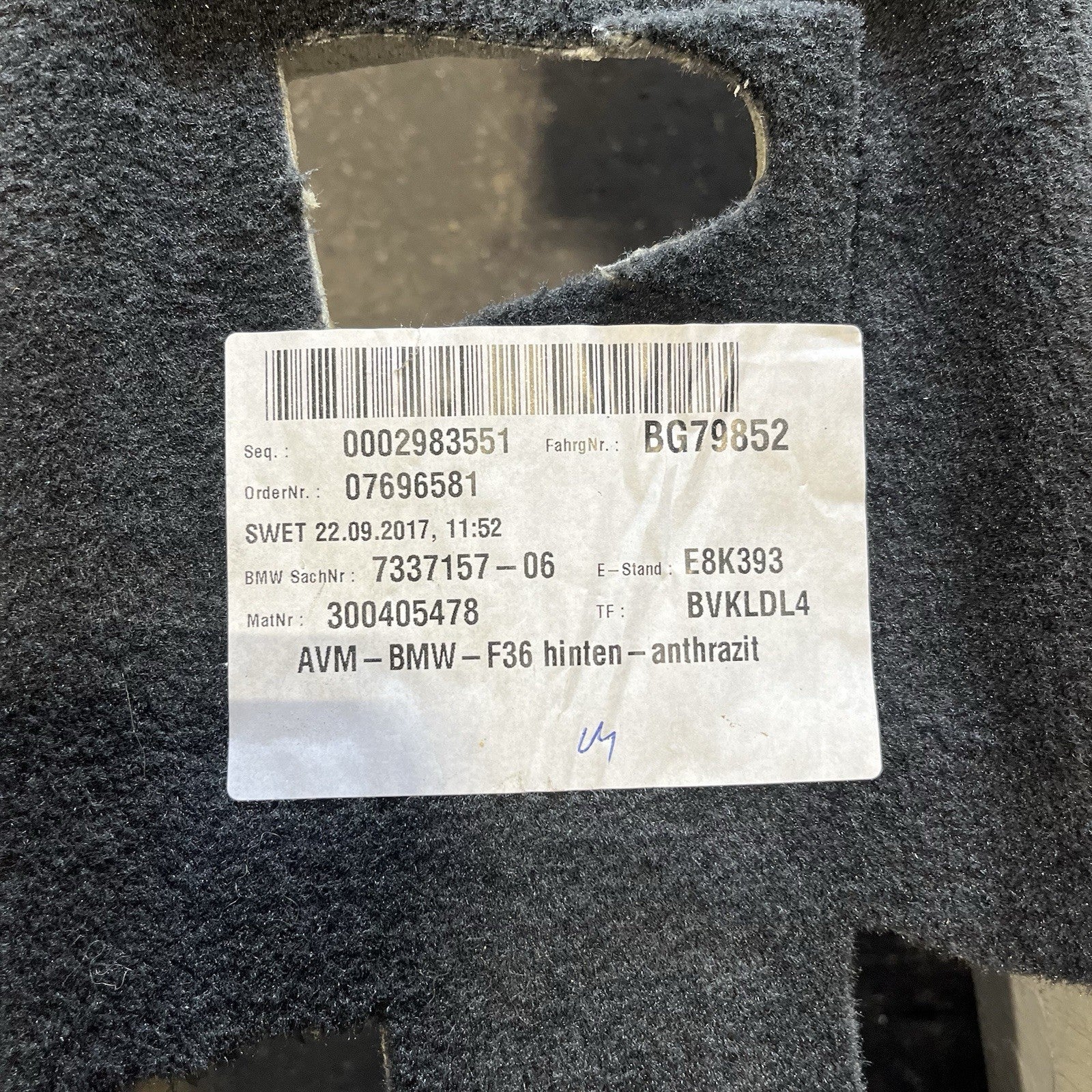 ☑️ 2016 BMW F36 GRAN COUPE REAR FLOOR INTERIOR CARPET COVERING MAT BLACK OEM